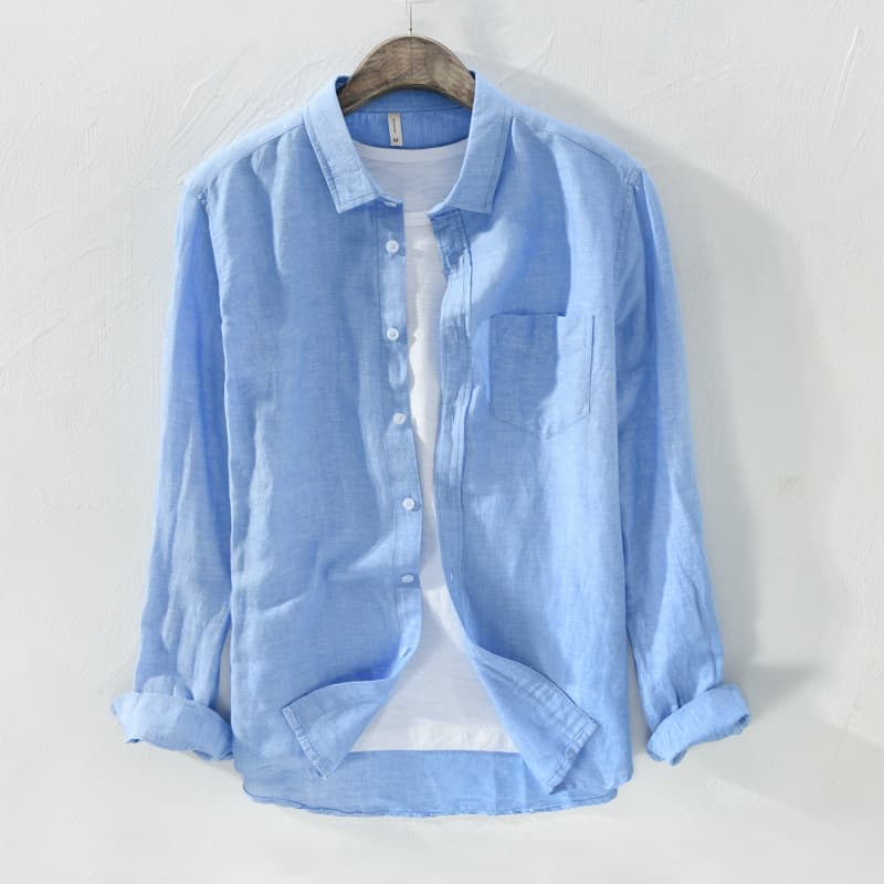 Chemise d'été fine en lin pour homme, décontractée, ample, couleur unie, manches longues, en coton et lin, blanche