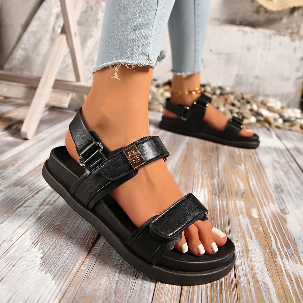 Women's Platform Sandals European American Style One Strap Velcro Casual Versatile Letter D Brand Slippers Spring Summer