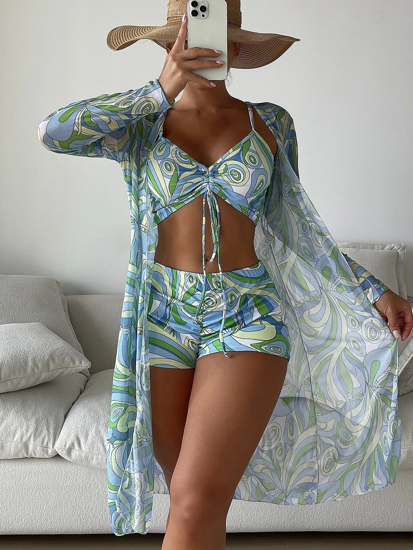 Women's Clothing Swimsuit Women's Split Three Piece Set High Waist Long Sleeve Net Celebrity Suit Blouse Sexy Bikini