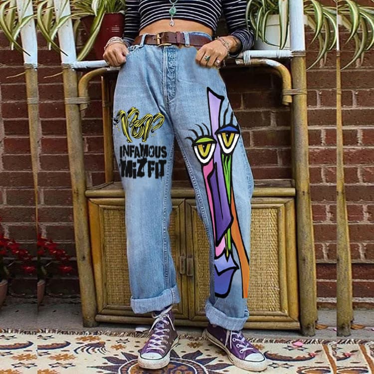 Women's Abstract Horse Face Street Wide-leg Fashion Jeans Women's Long Mopping Pants Winter New Products 2119