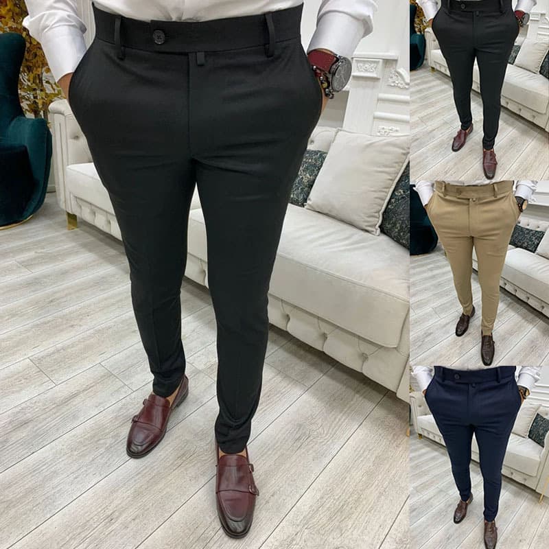 Spring Summer Men's Casual Pants Solid Color Social Stretch Trousers Mid Waist Skinny Business Office Working Party Male Suit Pants Autumn