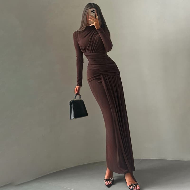 Women's Clothing Elegant Ruched Bodycon Dress – Long Sleeve, Round Neck, Fall/Winter Essential (S-L, Brown/Pink/Lavender)