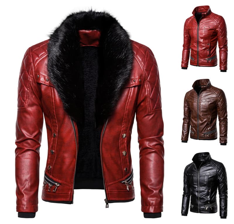 ​​"Men's PU Leather Jacket With Faux Fur Collar – Slim Fit Zip-Up Biker Style Coat For Casual & Streetwear"​​