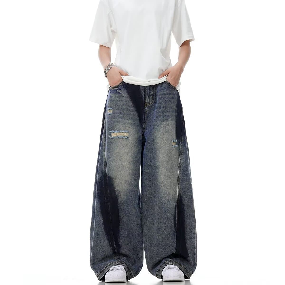 Jean American Graffiti 2025, style vintage urbain, coupe ample, jambes larges et droites, délavé et usé, pantalon long pour homme