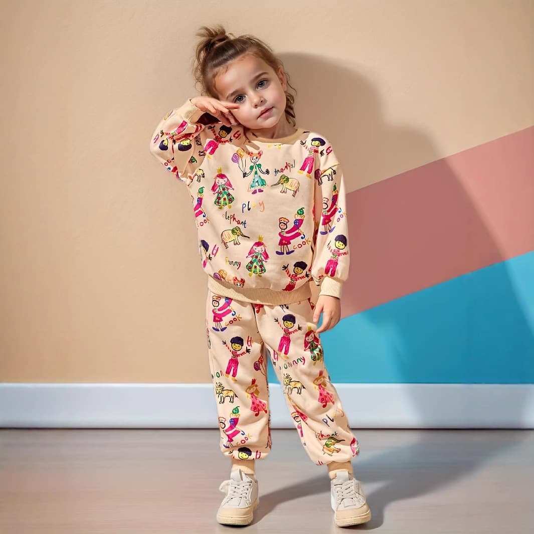 Mother & Kids INS Girls Round Neck Long Sleeved Suit Graffiti Print Pattern Children's Round Neck Long Sleeved Sweatshirt & Trousers