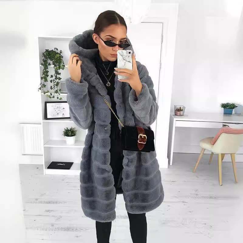 Women's Clothing Hot Selling Autumn And Winter Solid Color Plush Hooded Mid Length Coat For Women