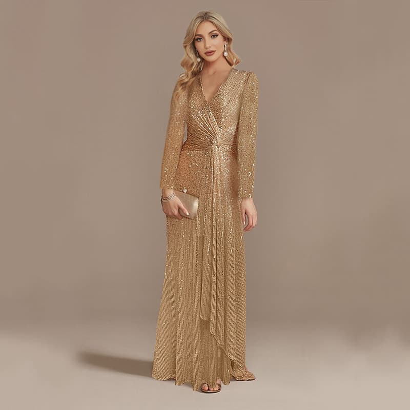 Women's Clothing Evening Dress Sequins New Multi Color Optional Hot Selling Long Sleeved V Neck Fishtail Banquet Dress