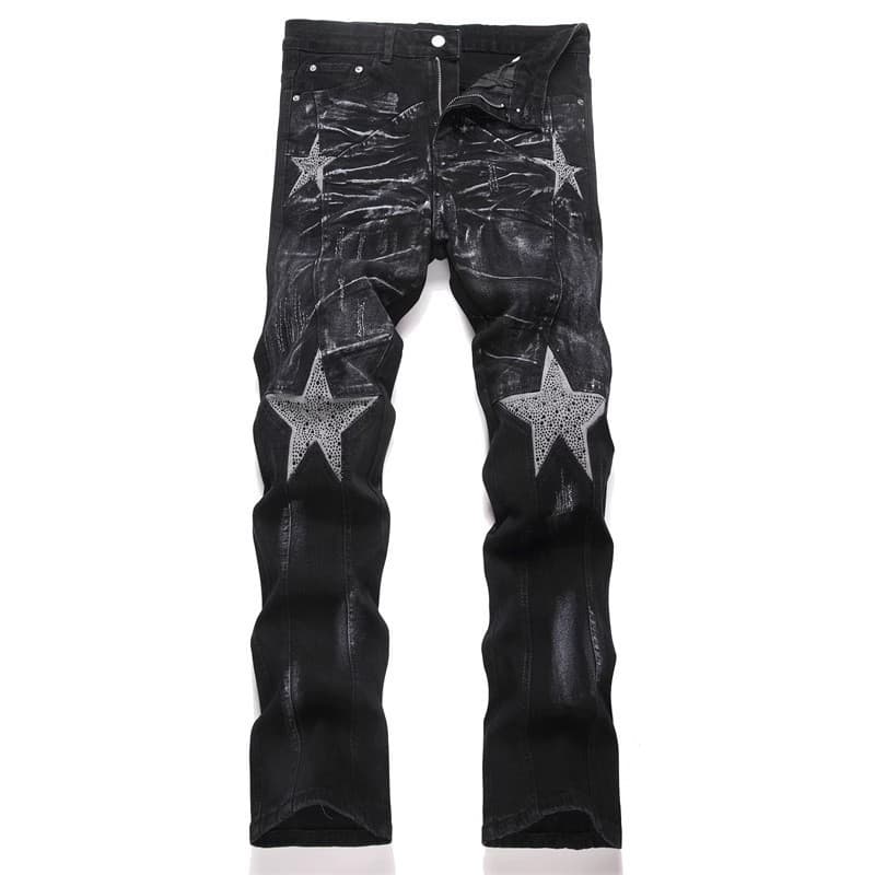 "Men's Rhinestone-Embellished Jeans – High Street Style, Five-Pointed Star & Graffiti Design (Black, Sizes 28-36)"
