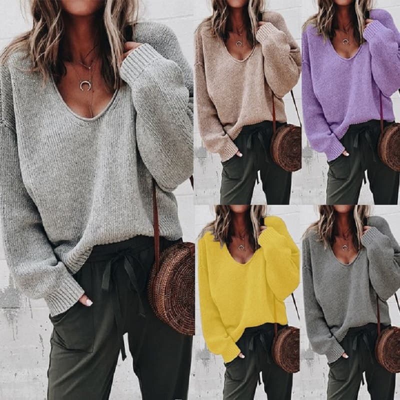 Women's Autumn And Winter V-neck Long-sleeved Sweater Ladies Sweater Women's Dress