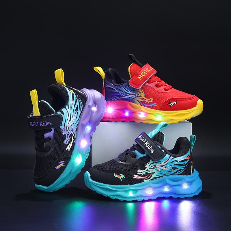 2025 Spring And Autumn New Children's Sports Shoes Leather Chinese Dragon ED Luminous Children's Shoes 1 6 Years Old Boys Sports And Leisure