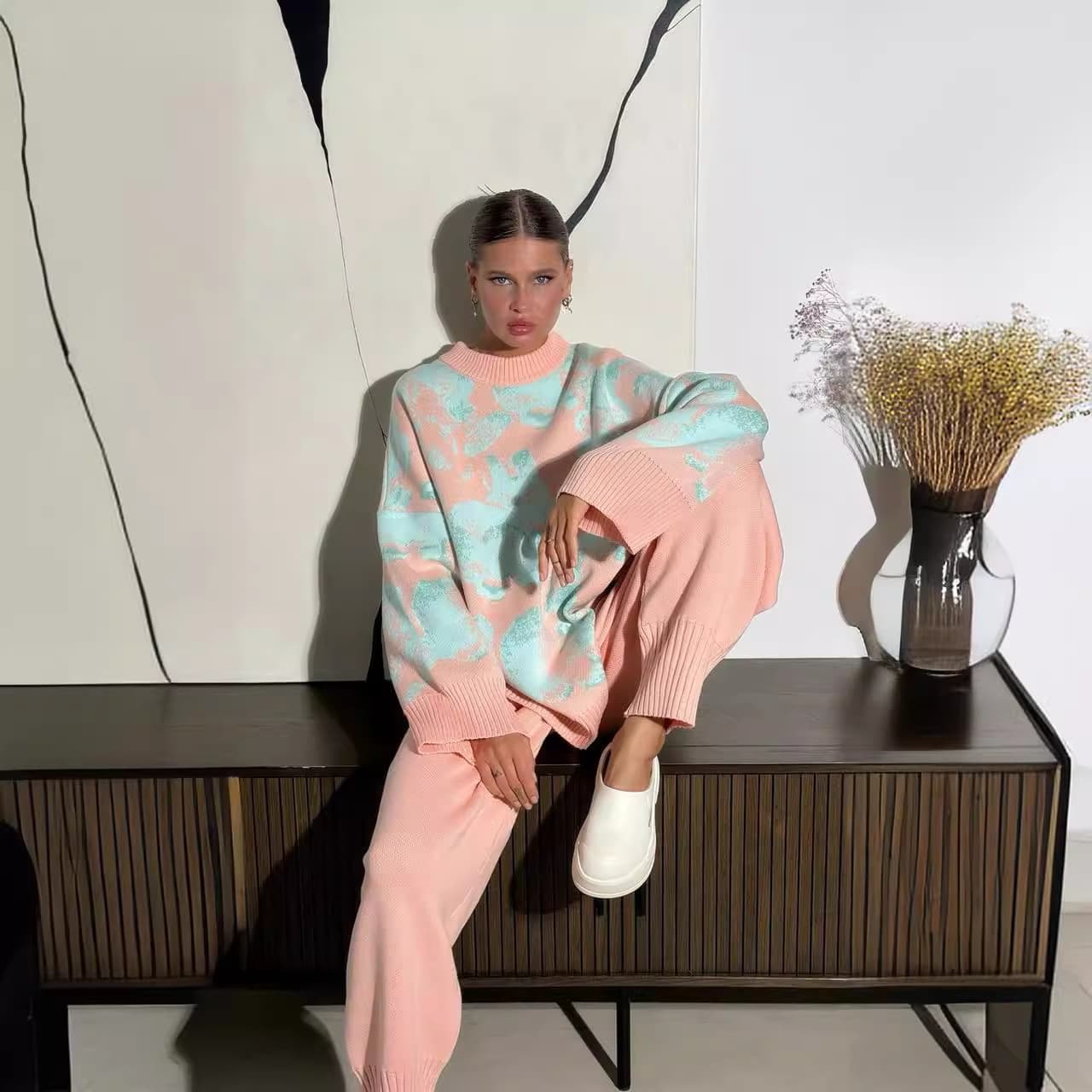 Women's Clothing new casual warm suits for women high end spring contrast color sweater straight trousers two piece suit inner wear