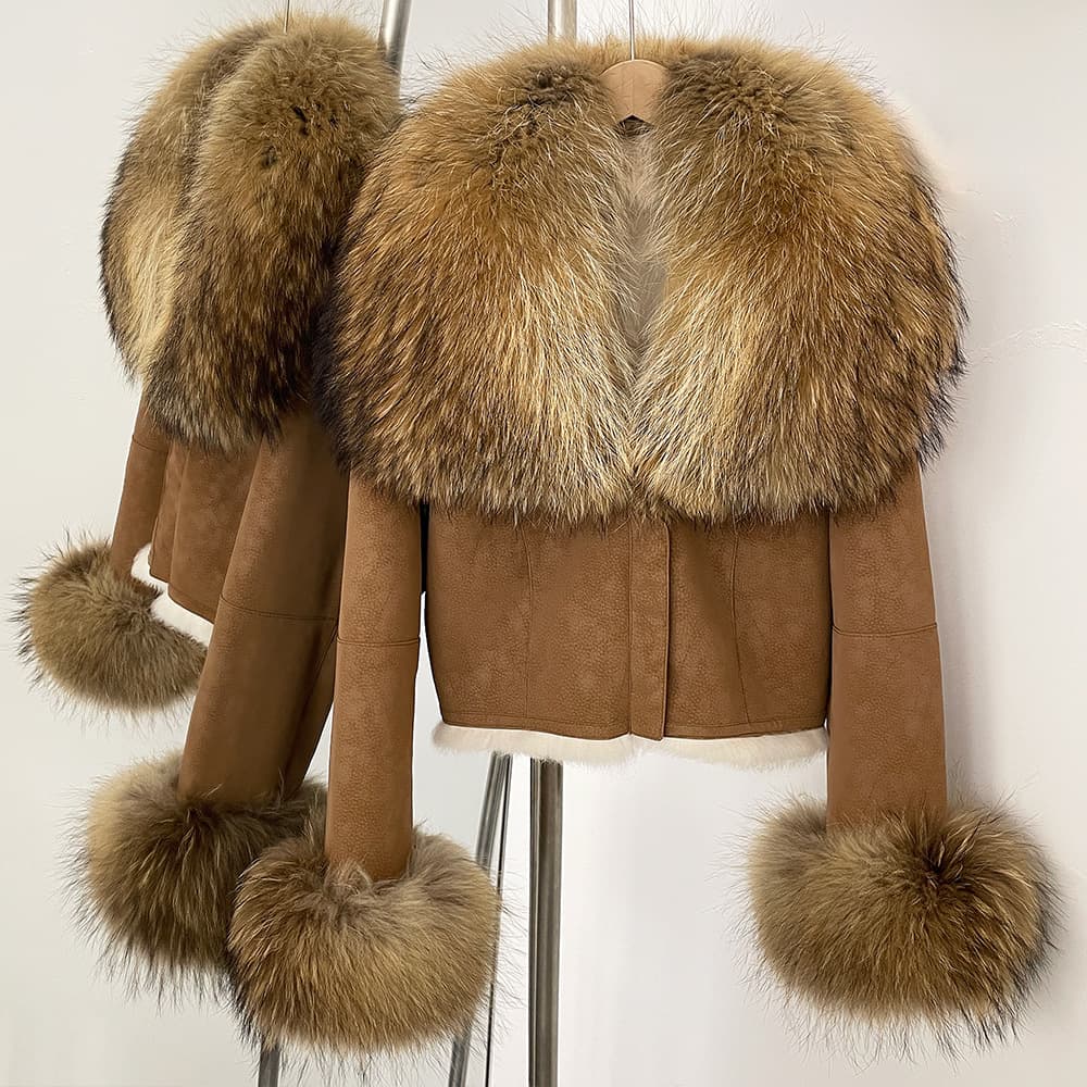 Luxury Faux Fur Collar Suede Leather Jacket Women's Winter Fashion Coat Slim Fit Short Style Sexy Outerwear For Streetwear & Night Out