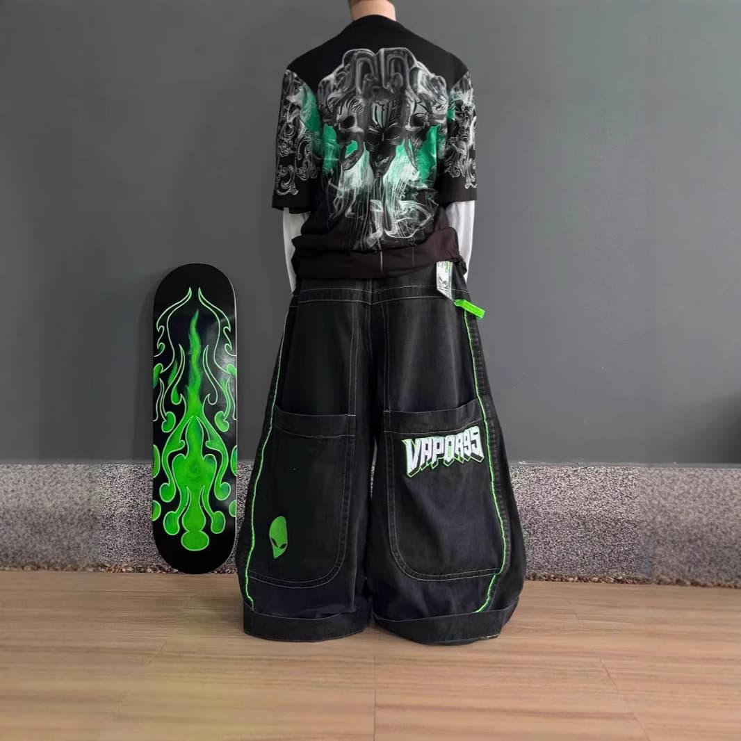 Suitable For All Seasons JNCO Street Hip-Hop Washed Jeans For Men With Embroidery, Fashionable Loose Fit Denim Pants