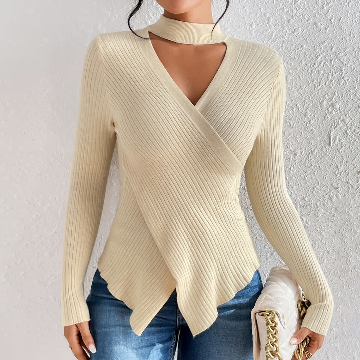 Women's Fashion Simple Solid Color Design Sense V-neck Pullover Sweater