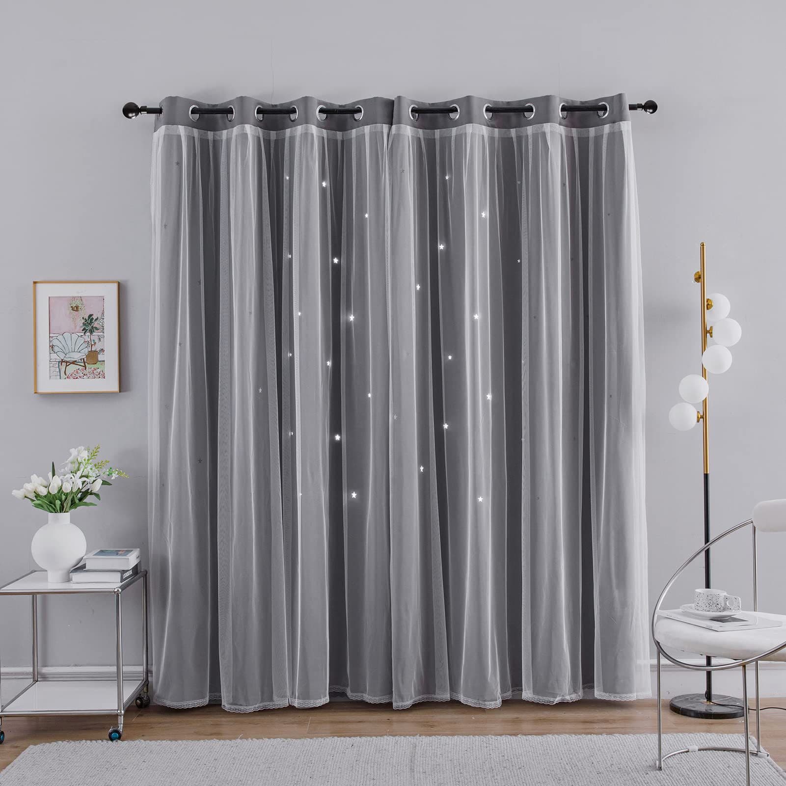 Double Layer Curtains Hollow Star Blackout Rod Punching Short Curtains
