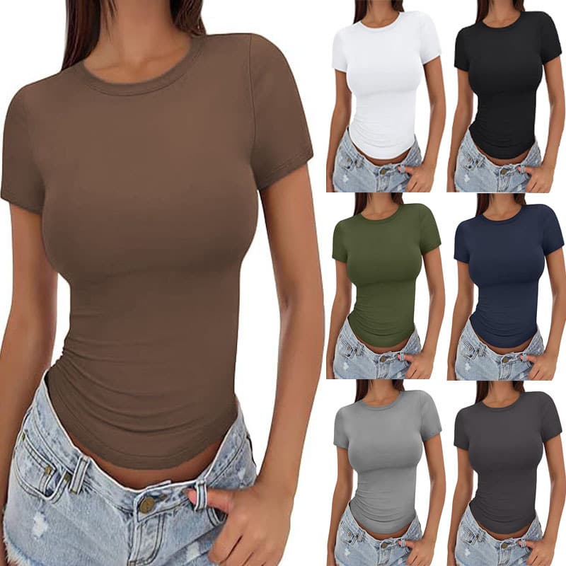 2026 European And American New T-Shirt Slim Fit Round Neck Tight Sexy Summer Top Women's Clothing