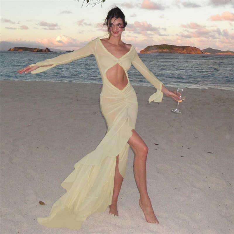 Women’s Clothing summer women's new V neck perspective sexy l hollow pleated lace slim dress