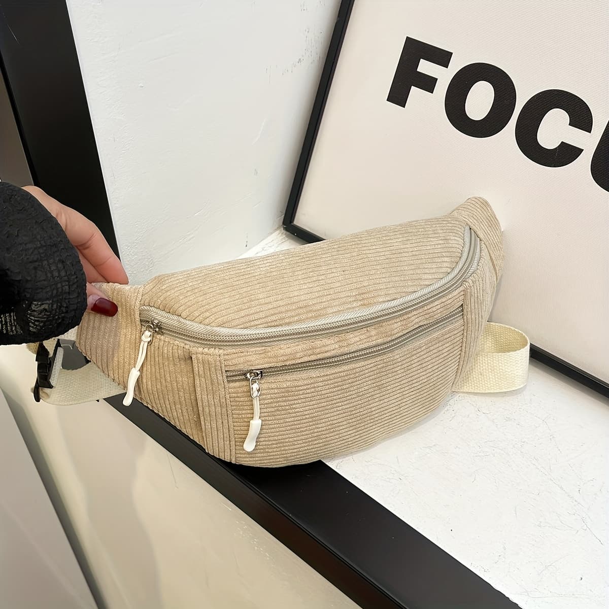 Textured Fabric Casual Fanny Pack Unisex Multi Zipper Pocket Adjustable Belt Lightweight Outdoor Running Travel Waist Crossbody Sling Bag