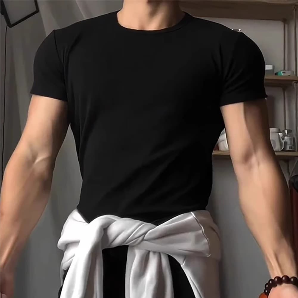 Men's Clothing Fitness Sports Elastic Slim Fit Short Sleeves Small Neckline Half Sleeves T-Shirt