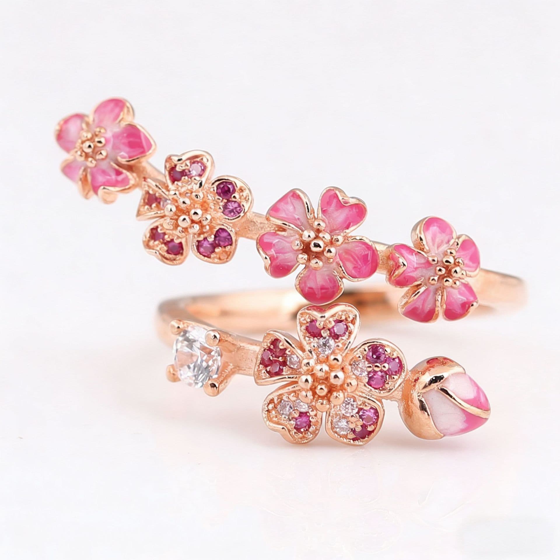 Exquisite And Elegant Rose Gold Peach Blossom Inlaid With Beads, High-end Light Luxury Open-style Women's Fashion Ring