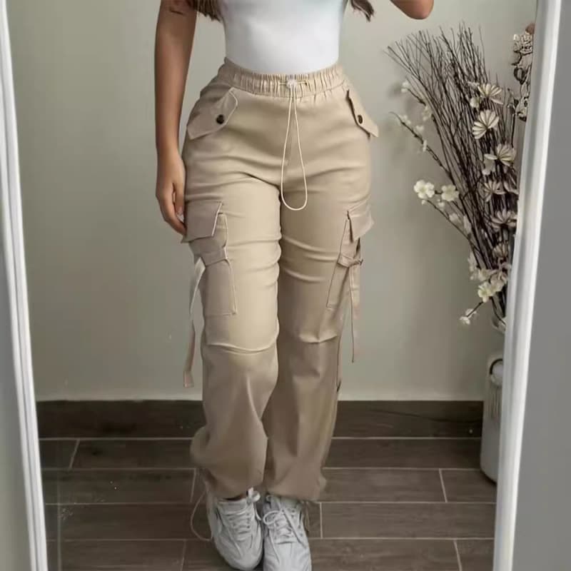 Women's Clothing Fashion Multi Pocket Monochrome Elastic Waist Tie Casual Elastic Waist Overalls