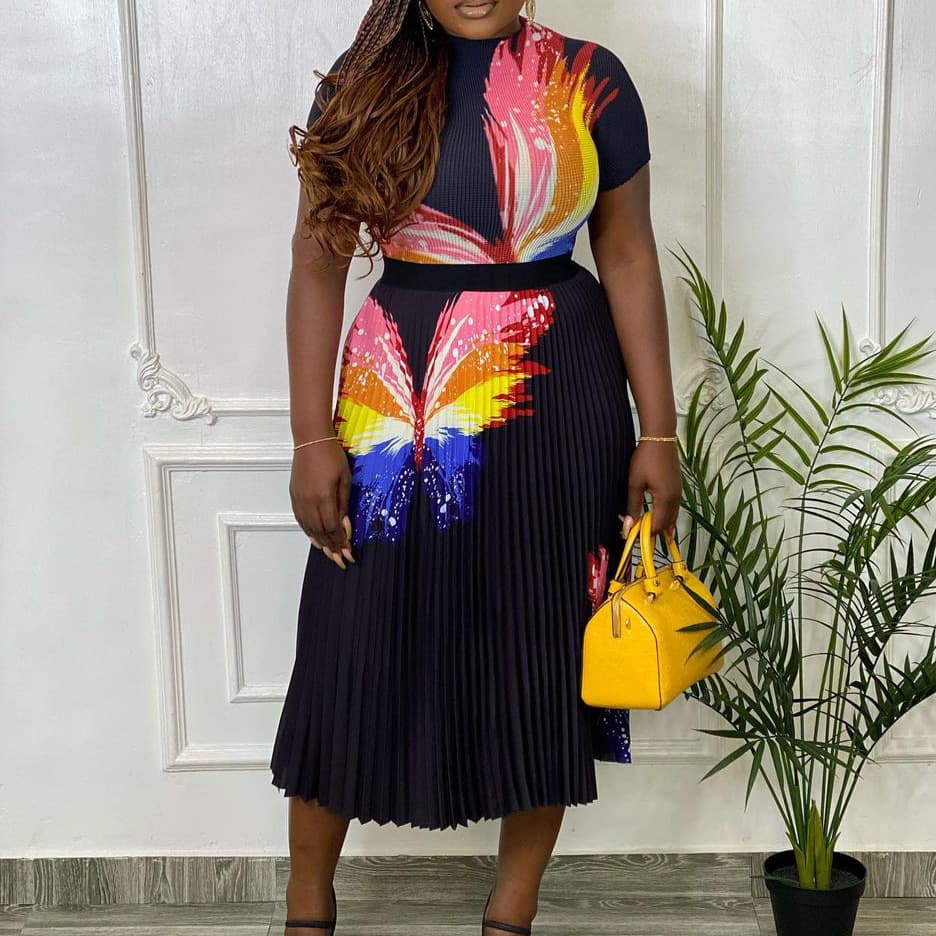 Women's Clothing new fashion printed top pleated high waist skirt suit two piece set