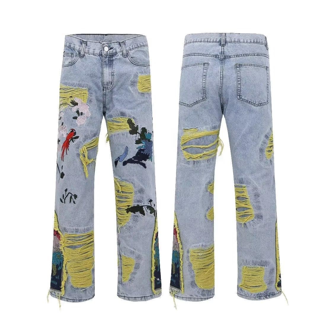 Men's Clothing Heavy Embroidery Ripped Jeans Men And Women New Brushed Trousers