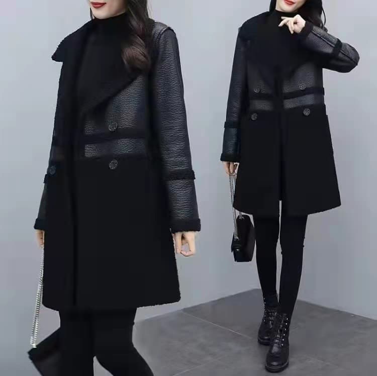 Women's fashion fur one with velvet thick suit collar wear loose plus fat plus leather coat on both sides