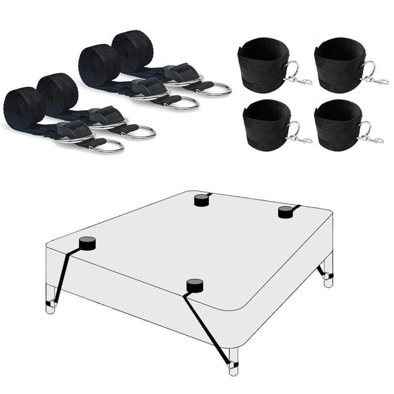 SM bed bondage supplies, hand and foot cuffs with four-corner rings on the bed pillars and tables, on behalf of
