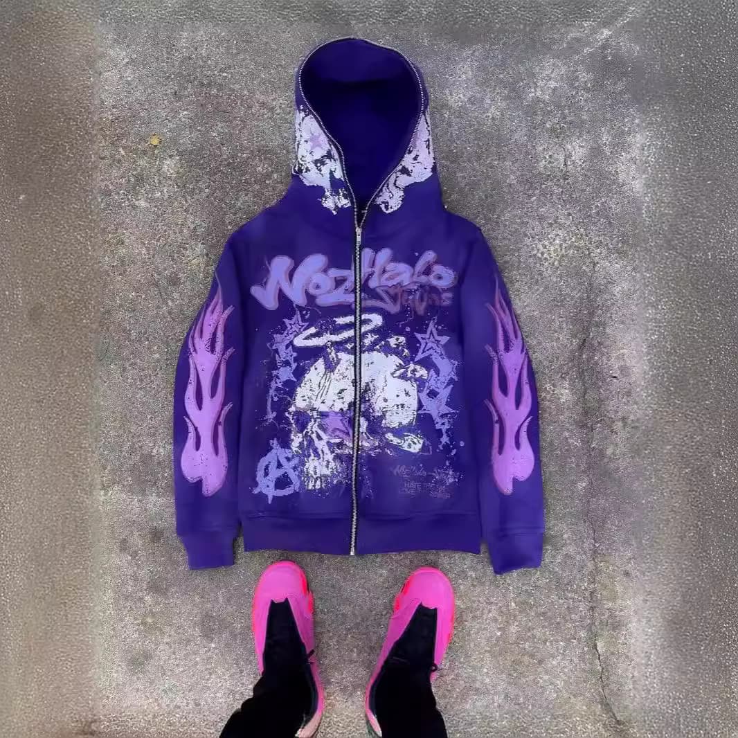 Men's Clothing Y2K Retro Harajuku Street Dark Hip Hop High Street Cartoon Print Zipper Hoodie Loose Sweatshirt