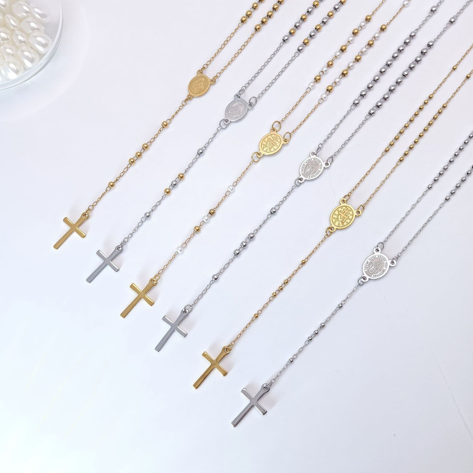Men And Women's Jewelry Stainless Steel Rosary Bead Chain Necklace With 59 Beads Cuban Link Cross Pendant Religious Cultural Accessory