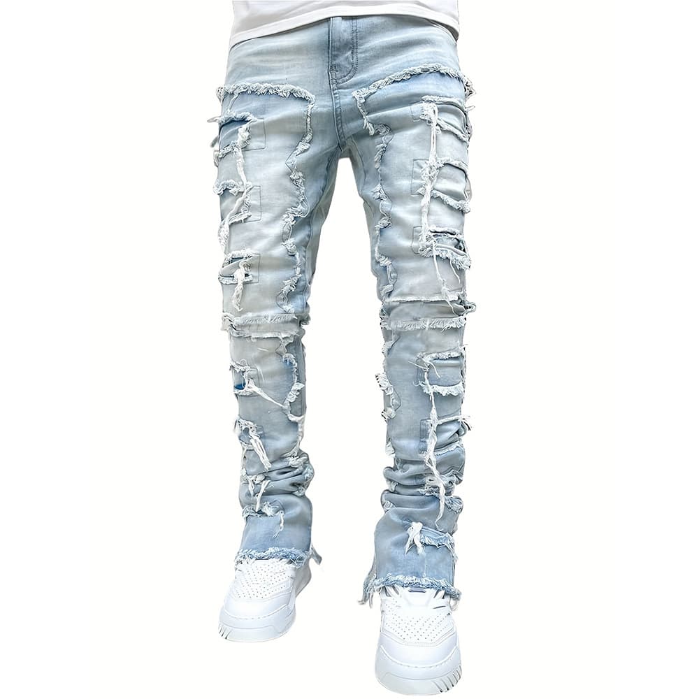 New High Street Patch Hole Jeans Men's Loose American Retro Straight Long Trousers Trend