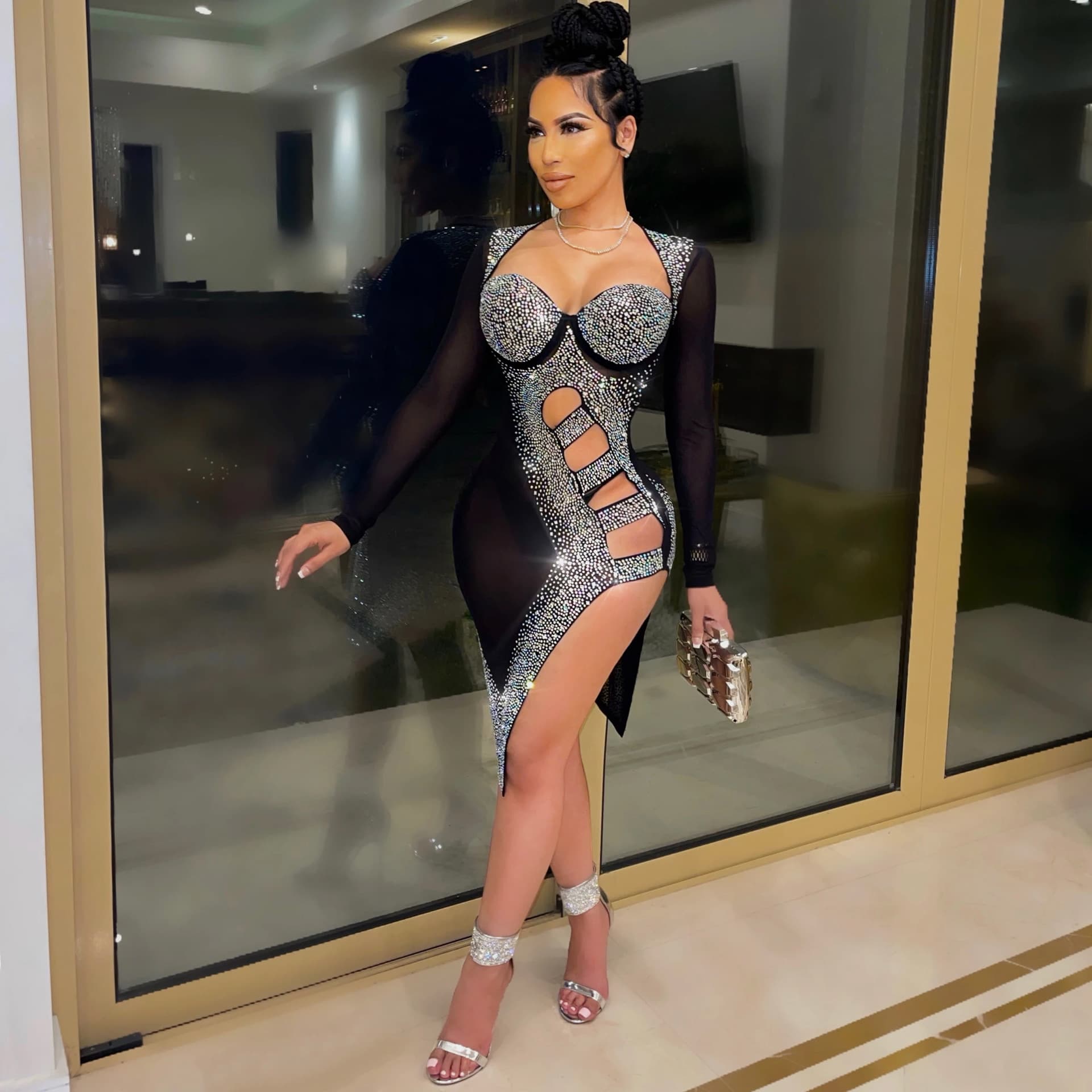 Women's Sexy Nightclub Hollow Slit Mesh See-through Hot Diamond Dress