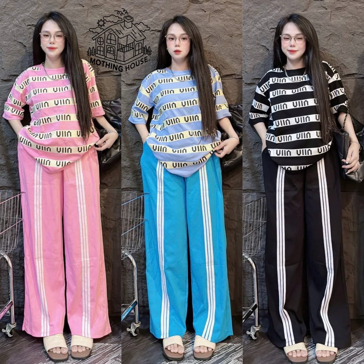 Women's Fashion Suit Striped Letter Print Short Sleeve Top With Wide Leg Pants Casual Two-Piece Set Plus Size Loose Fit Summer Style