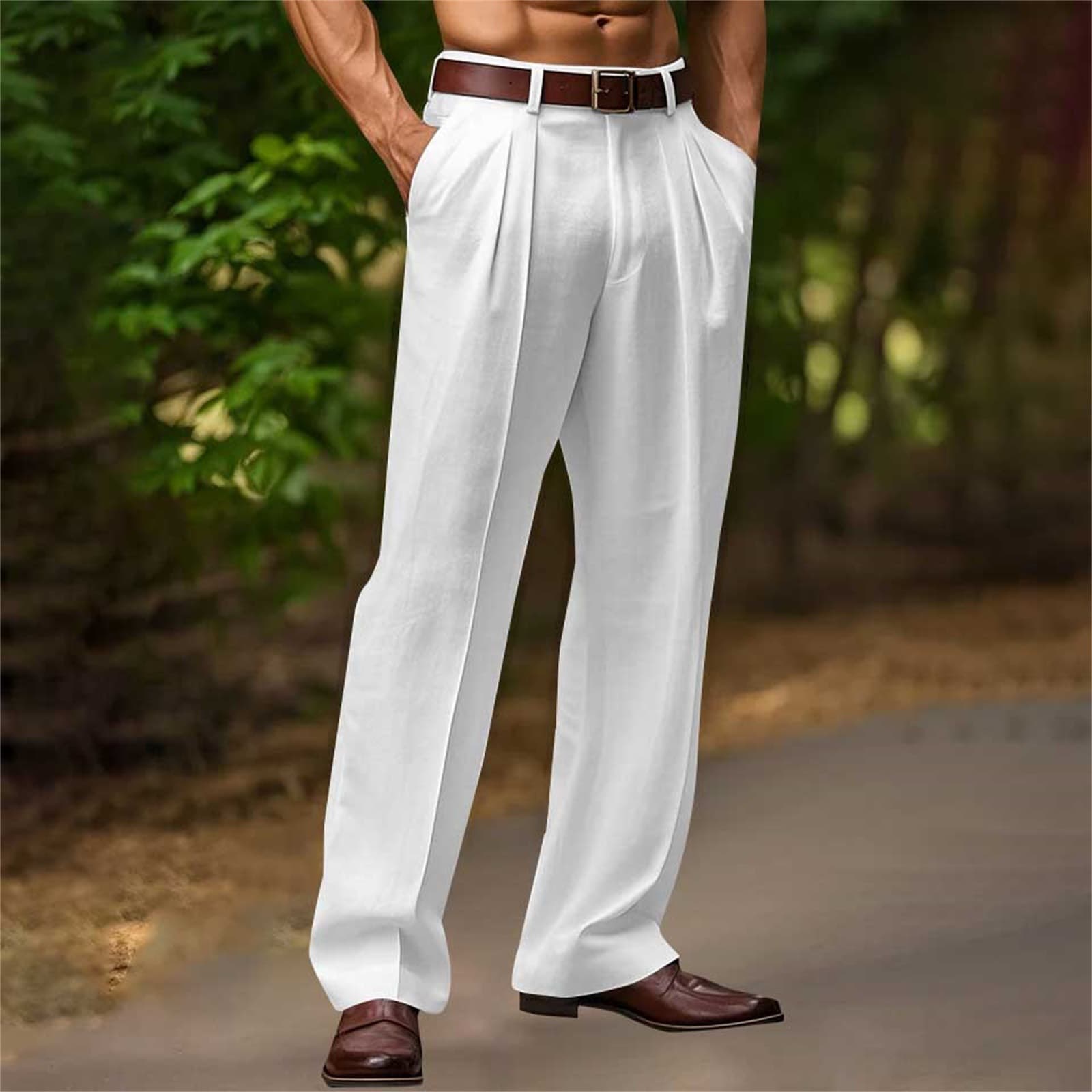 Men's Clothing New Linen Solid Color Outdoor Daily Leisure Breathable Loose Straight Trousers(Belt Not Included)