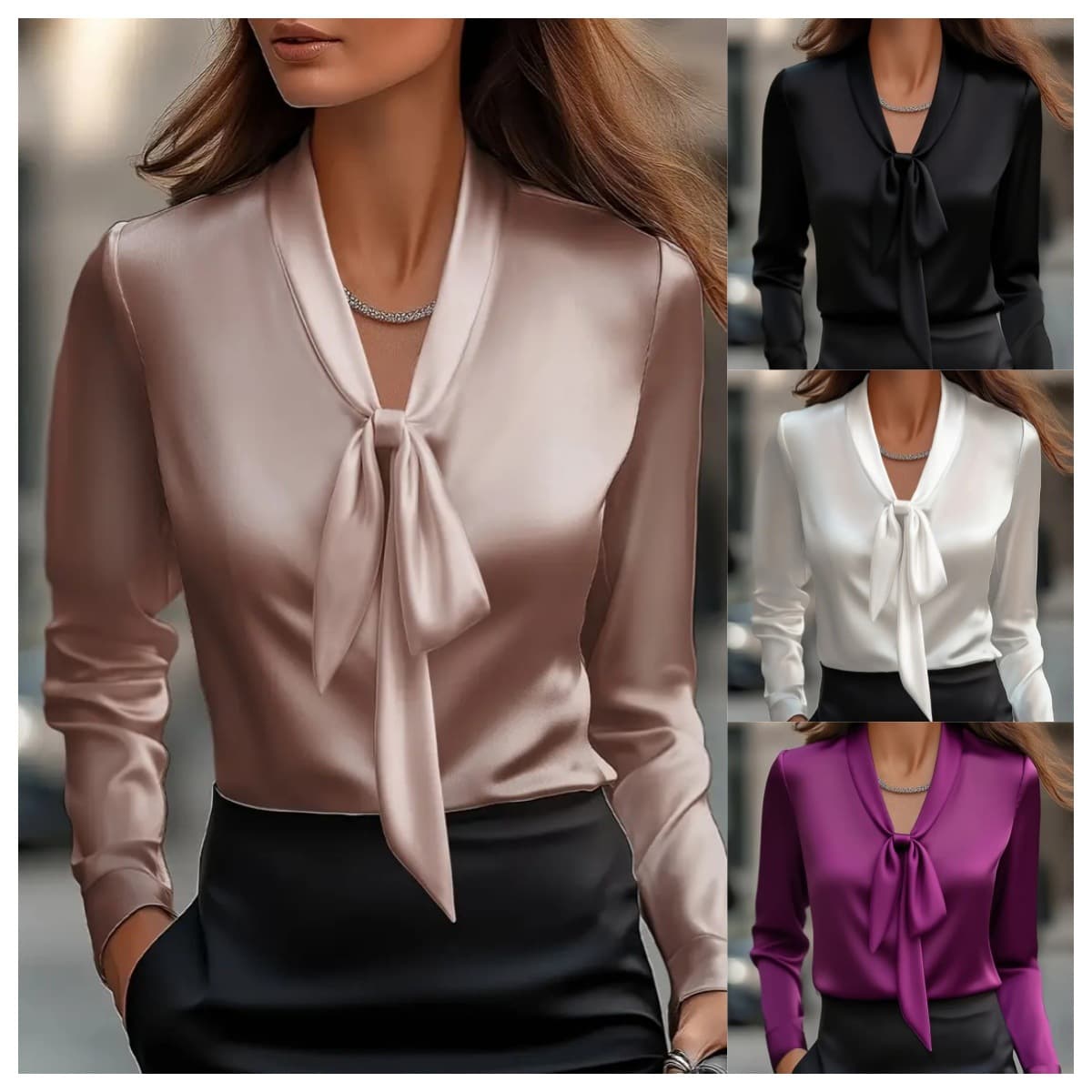​​Women's Elegant Satin Lace-Up Blouse – Long Sleeve Solid Color Shirt (Black/White/Pink/Violet, S-XXL)​​
