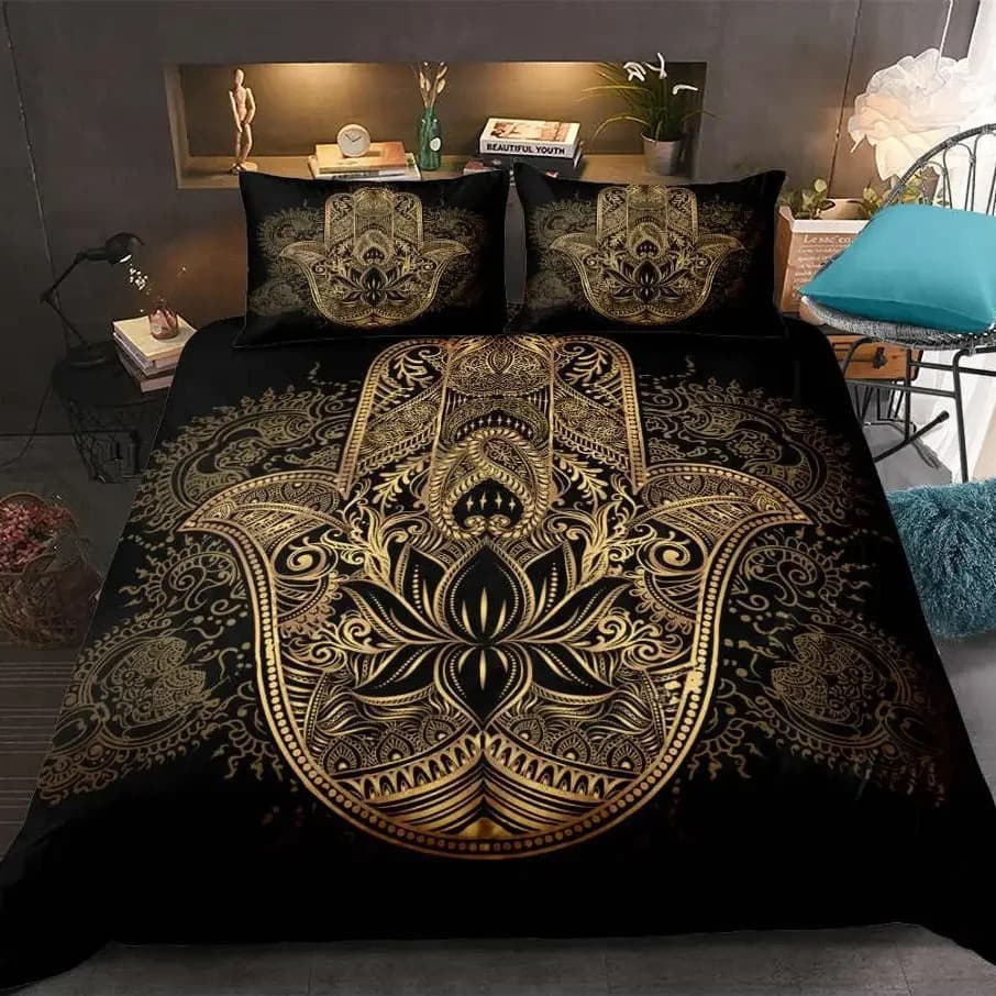 Black And Gold Bohemian Duvet Cover Three Piece Set