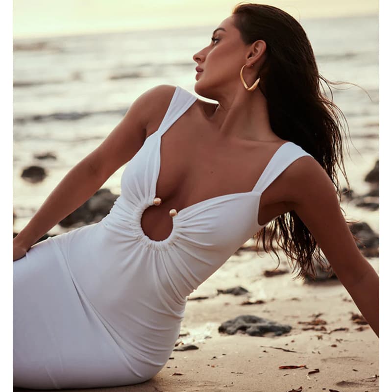 Women's Clothing Summer New Sexy V Neck Backless Slit Slim Dress