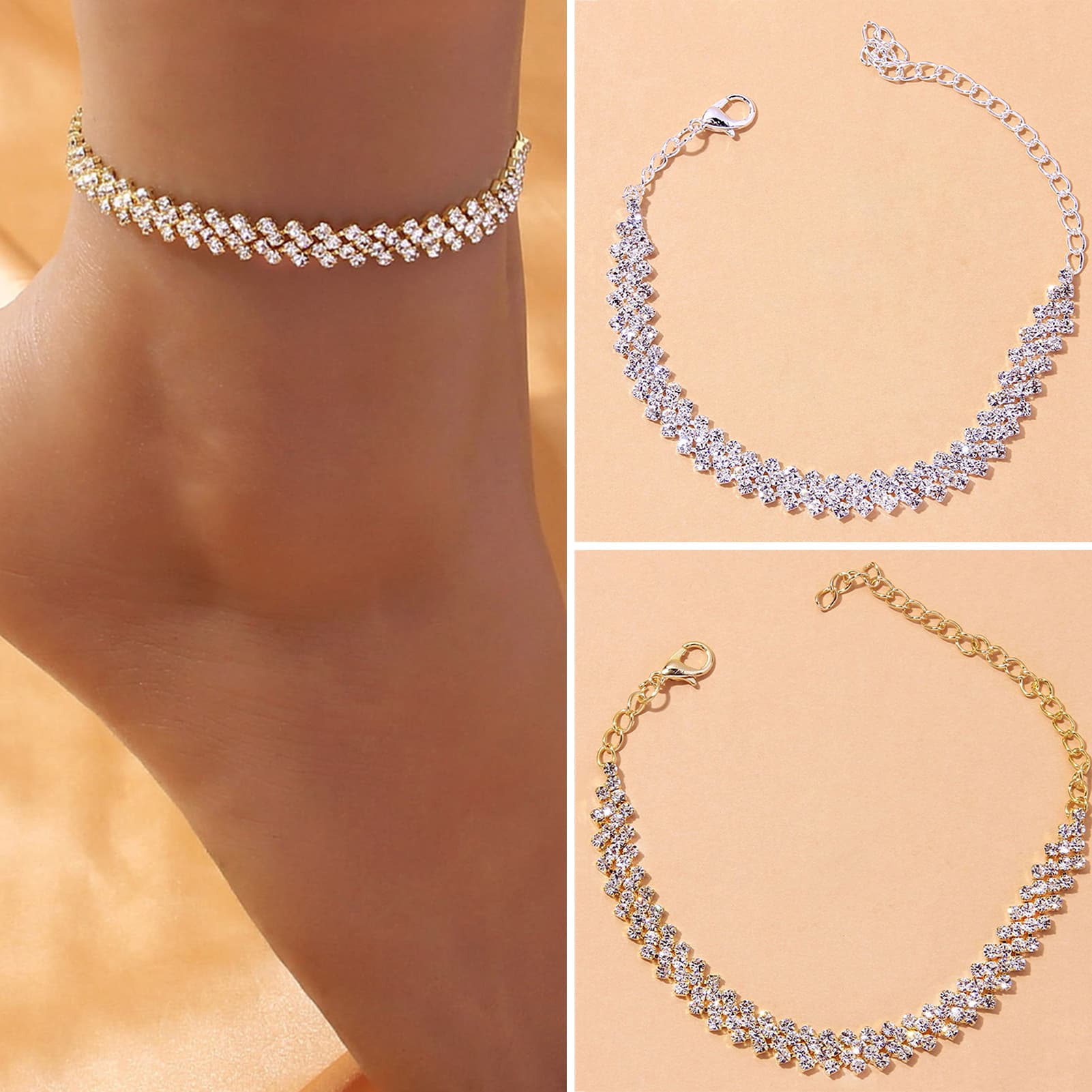 Shuosbai 1Pc Chain Anklet Adjustable Extended Chain Sparkling Personality Rhombus Decorate Foot Jewelry Women Rhinestone Stretch Anklet Women Jewelry