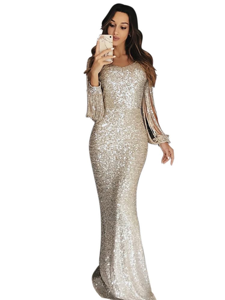 Women's Clothing Long Skirt Evening Dress Long Sleeved Tassel Dinner Dress