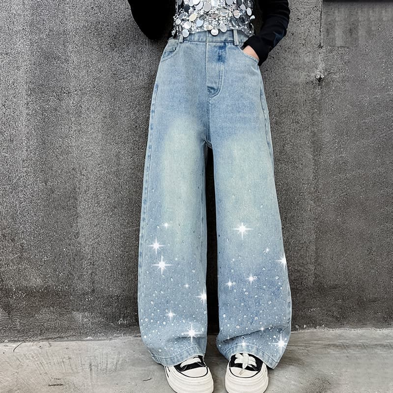 Mother & Kids Girls Jeans Suit Spring Trend 2025 New Korean Version Children's Street Hot Diamond Wide-Leg Pants Sequined T-Shirt