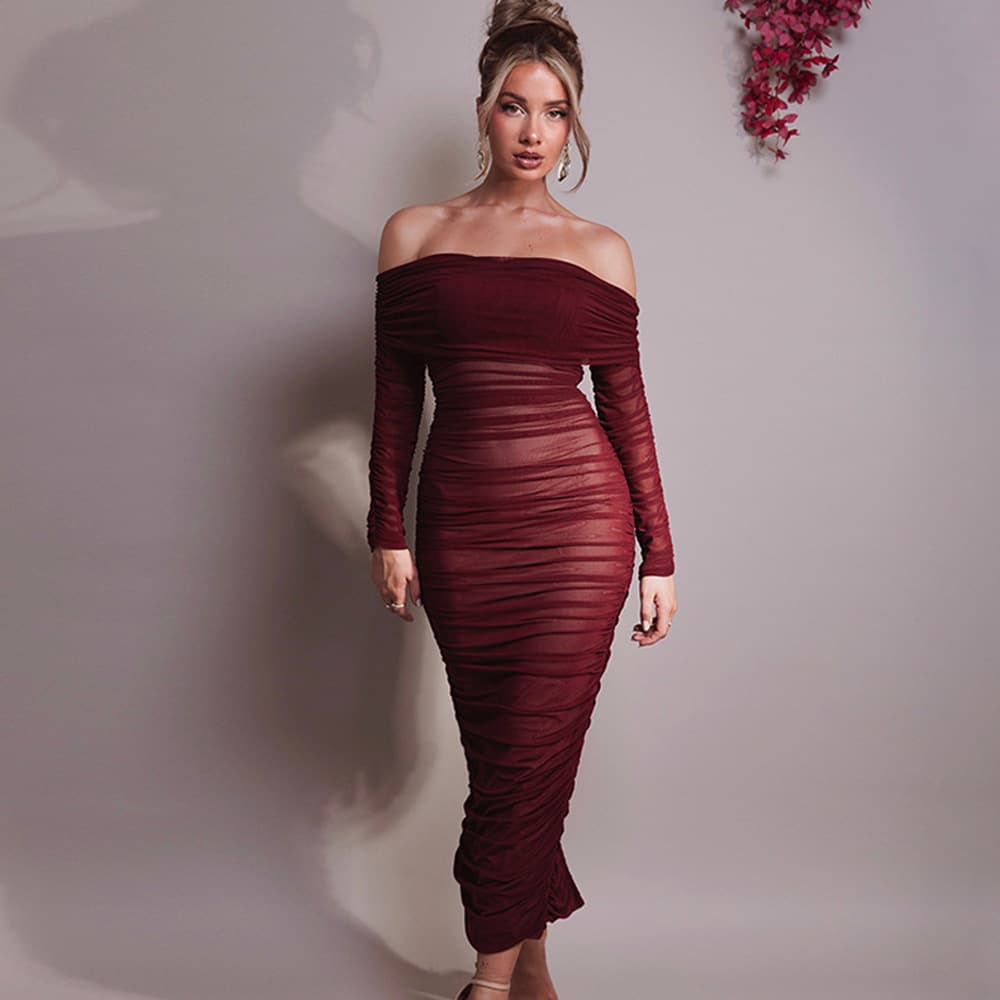 Women's Clothing New Mesh One Shoulder Pleated Dress Women's Slim Long Sleeved Hip Wrapped Long Skirt