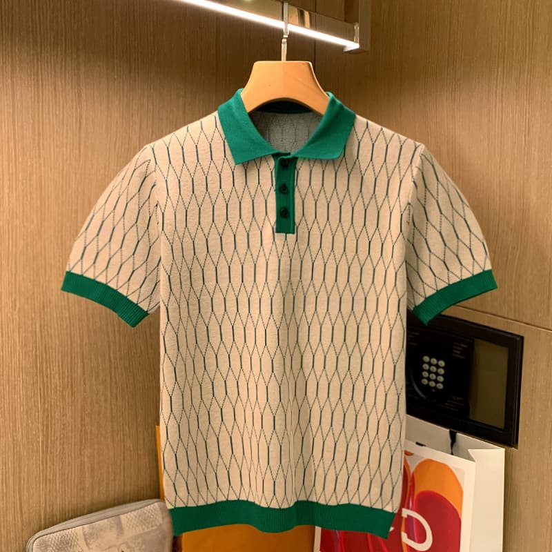 Men's Clothing Light Luxury Polo Shirt Men's Summer Thin Ice Silk Men's High End Grid Pattern Contrast Color Short Sleeved T Shirt