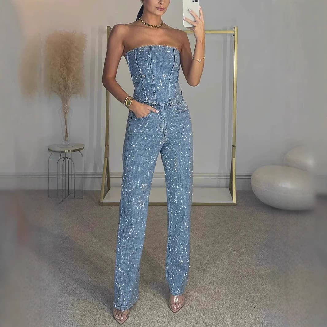 2025 Sexy Off Shoulder Shiny Vest Diamond Trousers Suit Two Piece Suit For Women
