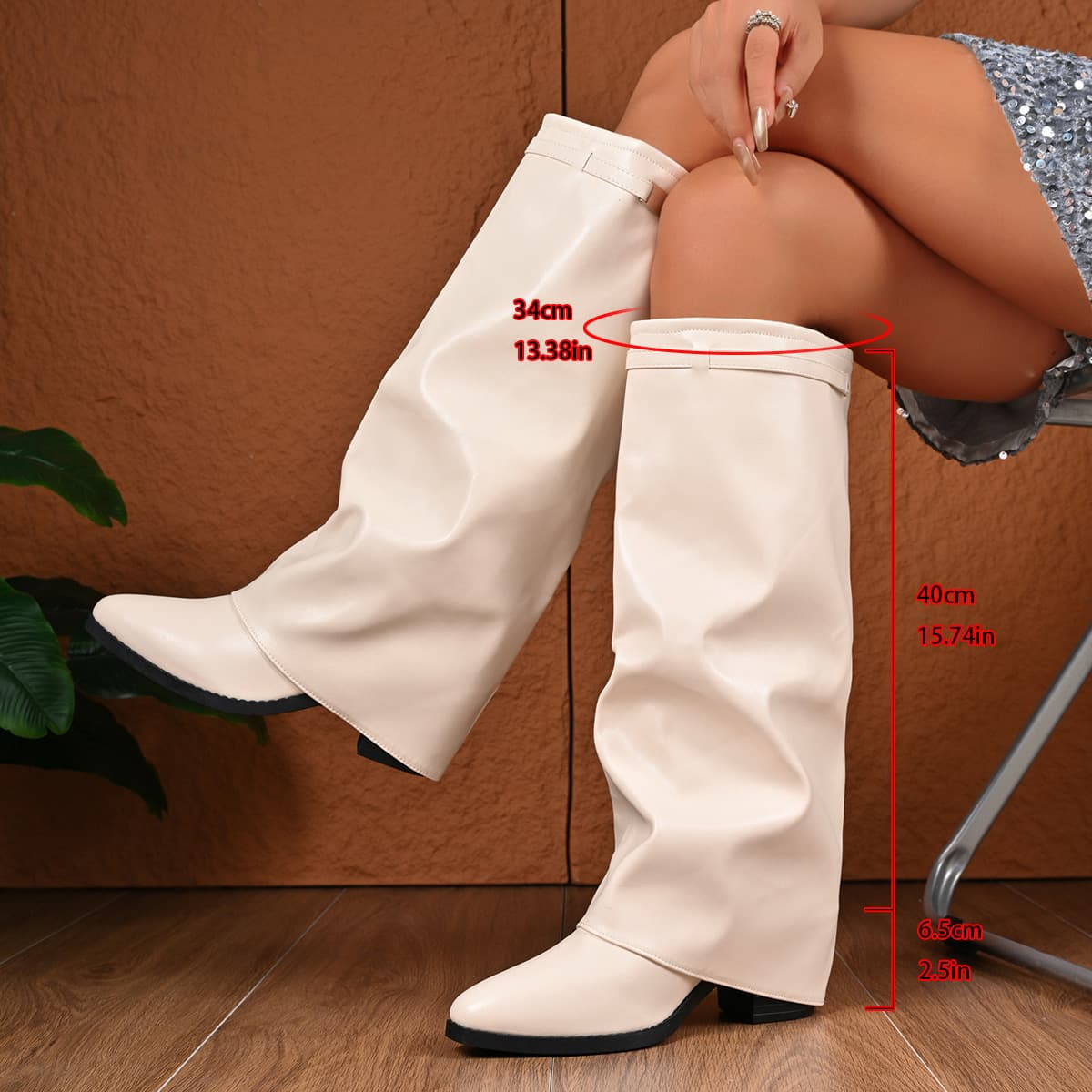 Foreign Trade Shoe New Pointed Toe High Tube Straight Metal Buckle Mid-Calf Large Size Chunky Heel Trouer Women'