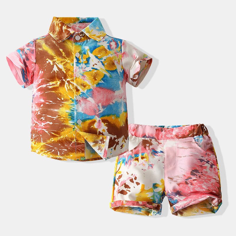 Mother & Kids European and American style boy gentleman tie-dye suit summer short-sleeved colorful shirt Hawaiian beach style shorts suit
