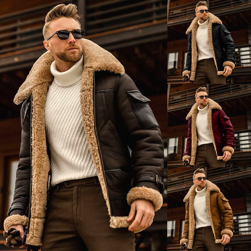 Men's Clothing Large Size Frosted Velvet Plain Composite Leather Jacket Thick Coat Woolen Coat