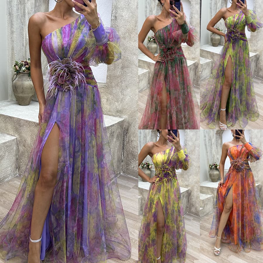 new party mesh oblique shoulder dress INS casual fashion dress for women