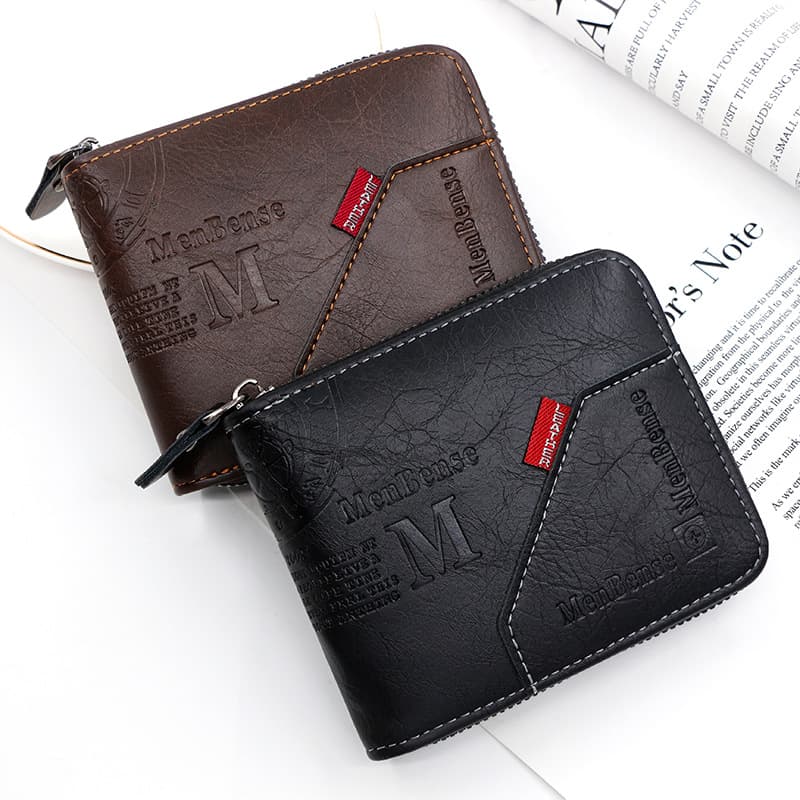 Fashionable zippered men's short wallet, large capacity change bag, multiple card slots, three fold waist chain bag, men's wallet