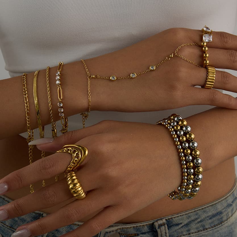 Jedding Titanium Zircon Gold Stainless Steel Beaded Bracelet For Women High-end Ring Non-fading Jewelry